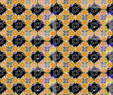 El çizimi çiçek unsurları olan soyut çizim raster deseni. 1950-1960 motifleri. Çiçekli ipek eşarp. Sarı üstüne sarı. Retro tekstil tasarım koleksiyonu.