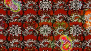 Kahverengi ve kırmızı renklerde Asya tekstili. Raster illüstrasyonu. Suluboya çiçekli çiçek deseni.