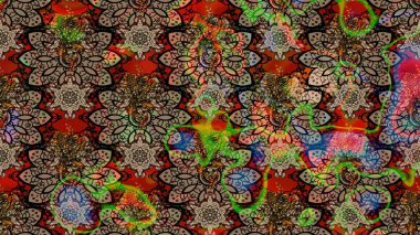 Renkli Bahar Teması eskiz kalıbı. Asya tekstil tarzında. Raster illüstrasyonu. Düz Çiçek Elementleri Tasarımı. Çiçek desenli çizim. Güzel kumaş deseni.