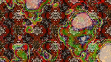 Elle çizilmiş çiçek desenli Raster çizimi. Çocuksu tasarım. Tekstil, kumaş, ambalaj, hatıra defteri için hoş bir çiçek arkaplanı. Kahverengi ve kırmızı arkaplanda.