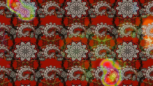 Kahverengi ve kırmızı renklerde Asya tekstili. Raster illüstrasyonu. Suluboya çiçekli çiçek deseni.