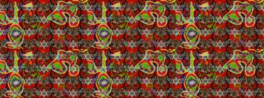 Küçük çiçekteki sevimli çiçek deseni. Bir sürü kırmızı ve kahverengi soyut çiçekli tropik eskiz deseni. Renkli ve kahverengi raster çizimi.