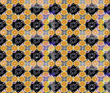 El çizimi çiçek unsurları olan soyut çizim raster deseni. 1950-1960 motifleri. Çiçekli ipek eşarp. Sarı üstüne sarı. Retro tekstil tasarım koleksiyonu.