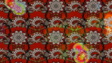 Kahverengi ve kırmızı renklerde Asya tekstili. Raster illüstrasyonu. Suluboya çiçekli çiçek deseni.