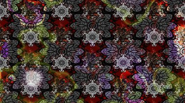 Parlak renkli çiçekleri olan ve gri ve siyah renkte yaprakları olan harika bir çiçek deseni. Moda baskıları için zarif bir şablon. Modern çiçek arkaplanı. Halk stili.