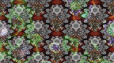 Halk tarzı. Parlak renkli çiçekleri ve gri ve kahverengi renkte yaprakları olan harika bir çiçek deseni. Moda baskıları için zarif bir şablon. Modern çiçek arkaplanı.