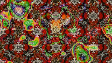 Kahverengi ve kırmızı arka planda. Çocuksu tasarım. Tekstil, kumaş, ambalaj, hatıra defteri için hoş bir çiçek arkaplanı. Elle çizilmiş karalama çiçekleri ile Raster çizim deseni.