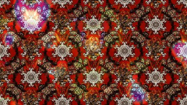 Raster illüstrasyonu. Asya tekstil tarzında. Kahverengi ve kırmızı renkte çiçekler. Çiçek desenli çizim. Raster illüstrasyonu.