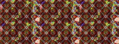 Renkli desenli eskiz deseni, kahverengi ve kırmızı çiçekler ve dekoratif elementler. Eski usul. Raster illüstrasyonu. Kumaş, tekstil, duvar kağıdı baskısı için. Taslak arkaplan.