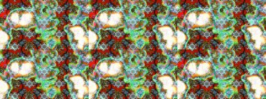 Çiçek desenli çizim. Raster illüstrasyonu. Raster illüstrasyonu. Asya tekstil tarzında. Yeşil ve nötr renkte çiçekler.