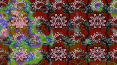 Küçük çiçekteki sevimli çiçek deseni. Bir sürü kahverengi ve yeşil soyut çiçekli tropik eskiz deseni. Varisolokahverengi ve yeşil raster çizimi.