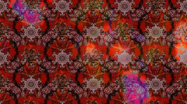 Kahverengi ve kırmızı renklerde Asya tekstili. Çiçek desenli çizim. Raster illüstrasyonu.