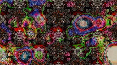 Raster illüstrasyonu. Siyah ve kahverengi renkli Asya tekstili. Çiçek desenini çiz.