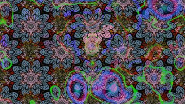 Raster illustration. Floral sketch pattern with watercolor flowers. In asian textile style on neutral and black colors.