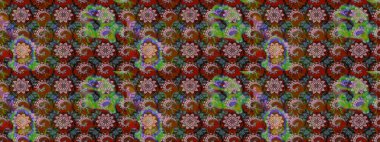 Kahverengi ve yeşil, zarif küçük çiçekler ve kahverengi ve yeşil renkli komik böcekler, raster desen, illüstrasyon.