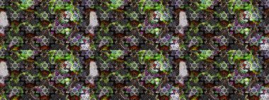 Tekstil için suluboya eskiz deseni. El çizimi çiçek çizimi deseni (fayans). Şirin çiçekleri, desenleri, gri ve siyah renkleri olan renkli çizim deseni.