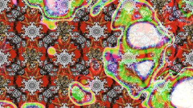 Moda baskıları için zarif bir şablon. Parlak renkli çiçekleri ve gri ve kahverengi renkte yaprakları olan harika bir çiçek deseni. Modern çiçek arkaplanı. Halk stili.