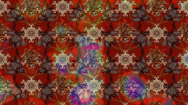 Düz Çiçek Elementleri Tasarımı. Renkli Bahar Teması eskiz kalıbı. Raster Modaya uygun kumaş deseni. Kahverengi ve kırmızı renkli şirin çiçek deseni.