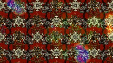 Çiçeksel elementlerle süslenmiş zarif raster dokusu. Parlak çiçekli kahverengi ve kırmızı renkler üzerine soyut çizim deseni. Küçük çiçekte şirin bir çiçek deseni var..