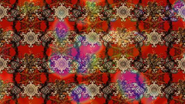 Parmak izi, kumaş, duvar kâğıdı, tekstil için raster dokusu. Nakış desenli çiçek deseni. Renkli grunge soyut arkaplanı colokahverengi ve kırmızı çiçeklerle zenginleştirir.