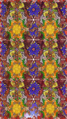 Güzel kumaş deseni. Raster illüstrasyonu. Renkli Bahar Teması eskiz kalıbı. Düz Çiçek Elementleri Tasarımı. Asya tekstil tarzında. Çiçek desenini çiz.