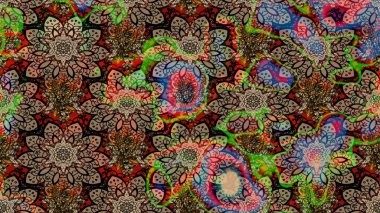 Çiçekleri, deniz kabukları, mandalaları ve suluboya efektleriyle donanma geçmişi. Yatak çarşafları, ceket, paket tasarımı, kumaş ve moda kavramları için tekstil baskısı. Çizim kalıbı etnik tasarım.