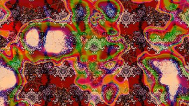 Floral background. Raster illustration. In cute textile style on brown and red colors. Flowers wallpaper. Colorful sketch pattern.