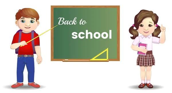 Schattig schoolkinderen permanent in de buurt van blackboard. Terug naar school-concept. Leerlingen groep Over klasse boord terug naar School Banner Vector — Stockvector