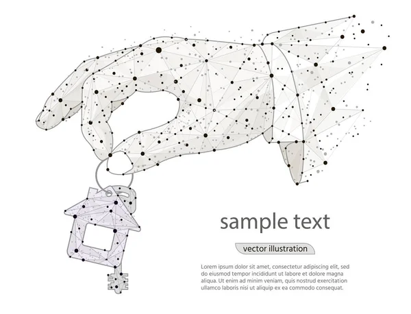 Ev soyut tasarım, logo düşük poli tel kafes beyaz zemin üzerine gelen izole tuşları ile el. Vektör soyut poligonal görüntü mash çizgi ve nokta. Dijital grafik — Stok Vektör