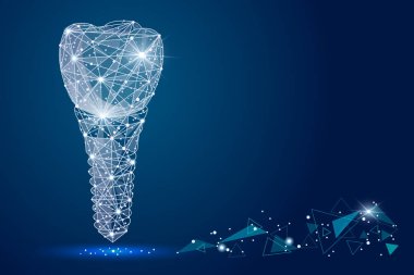 Soyut Tasarım diş implantı simgesi, düşük poli tel kafes uzay arka plan üzerinde gelen izole. Soyut poligonal görüntü mash çizgi ve nokta. Dijital grafik