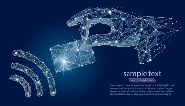 NFC teknolojisi. ödemeler kavramı. NFC ödeme vektör anahat simgesini dokun. Bankamatik veya kredi kartı ve düşük poli tel kafes uzay arka plan üzerinde gelen izole Pos terminal.logo ile kablosuz banka ödeme. Vektör soyut poligonal görüntü mash çizgi ve nokta.