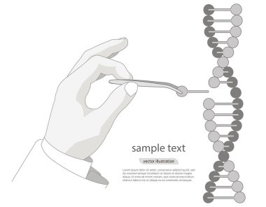 El ile genetik mühendisliği. Çıplak elleriyle, cımbız ile Dna çift sarmalı manipülasyon. beyaz bir arka plan üzerinde vektör. Poster, kapak, etiket, etiket, kartvizit için