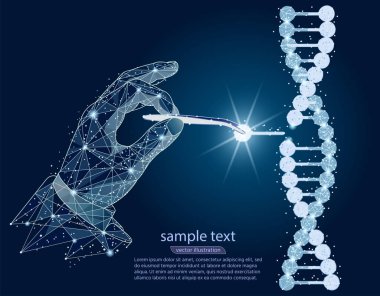 Soyut Tasarım. Çıplak elleriyle, cımbız ile Dna çift sarmalı manipülasyon. Beyaz arka plan üzerinde düşük poli tel kafes üzerinden izole. Vektör soyut poligonal görüntü mash çizgi ve nokta.
