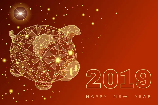 Şirin komik domuz. Yeni Yılınız Kutlu Olsun. 2019 yıl Çince sembolü. Mükemmel festival hediye kartı. Vektör çizim kırmızı zemin üzerine.