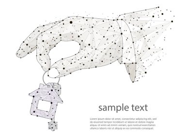 ev soyut tasarım, logo düşük poli tel kafes beyaz zemin üzerine gelen izole tuşları ile el. Soyut poligonal görüntü mash çizgi ve nokta. Dijital grafik
