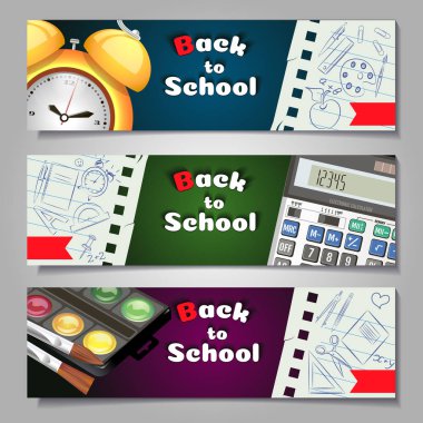 Okul malzemeleri ve elemanları üç yatay afiş kümesi. Şablon malzemeleri araçlarıyla. Alışveriş afiş.