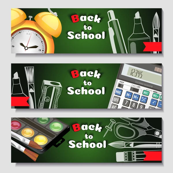 Un conjunto de tres pancartas horizontales con útiles escolares y elementos. Plantillas con herramientas de suministros. banner de compras . —  Fotos de Stock