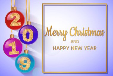 Mutlu yeni yıl 2019. Resimde altın numbers.background dekorasyonu ile tebrik vektör. Tebrik kartı tasarım şablonu.