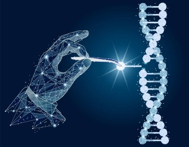 Soyut Tasarım. Çıplak elleriyle, cımbız ile Dna çift sarmalı manipülasyon. Beyaz arka plan üzerinde düşük poli tel kafes üzerinden izole. Soyut poligonal görüntü mash çizgi ve nokta.