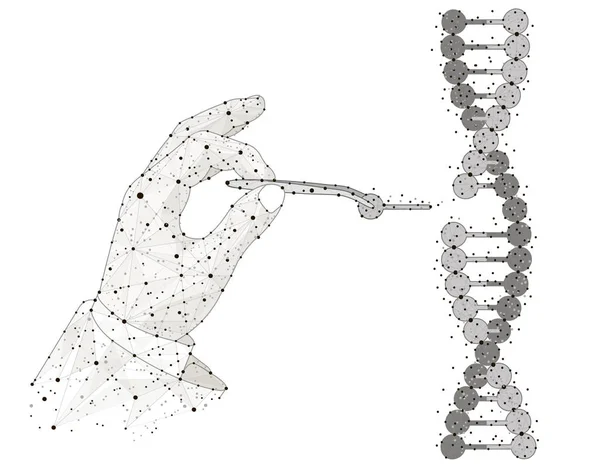 Abstraktní design ruční genetického inženýrství. Manipulace se dvojité šroubovice Dna s holýma rukama, pinzeta — Stock fotografie