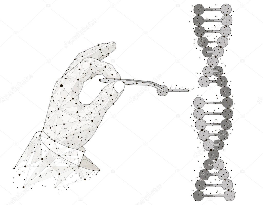 abstract design Manual genetic engineering. Manipulation of DNA double helix with with bare hands, tweezer