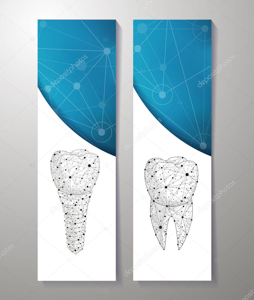 Healthy teeth and dental implant. banners design. Can use for marketing. Dentistry. Implantation of human teeth. Polygonal wireframe from dots and lines, abstract design. Digital graphics  illustration.