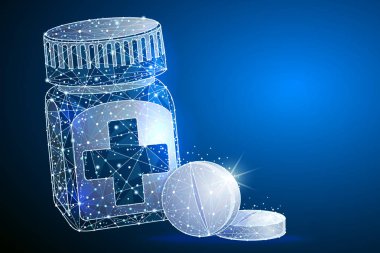 Hap şişesi. Tıbbi kapsül kapsayıcı. İzometrik vektör çizim. Soyut poligonal görüntü mash çizgi ve nokta. Tıp, eczacılık, sağlık, vitamin, antibiyotik, ilaç, tedavi kavramı