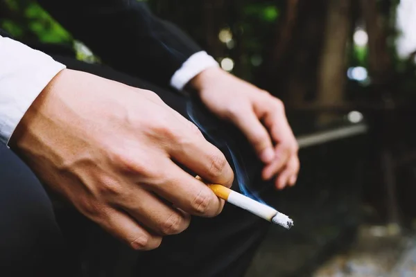 Man Smoking Cigarette Hand Cigarette Smoke Spread — Stock Photo, Image