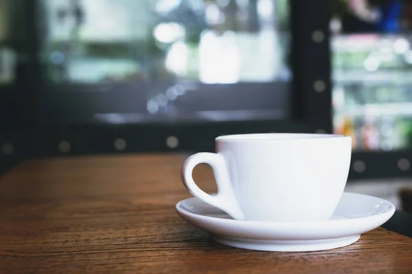 Taza Café Coloca Mesa Madera Cafetería Estilo Loft Moderno — Foto de Stock