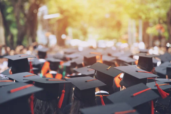 Rückseite Abschlussmützen Während Des Einstiegs Erfolg Absolventen Der Universität Konzept — Stockfoto