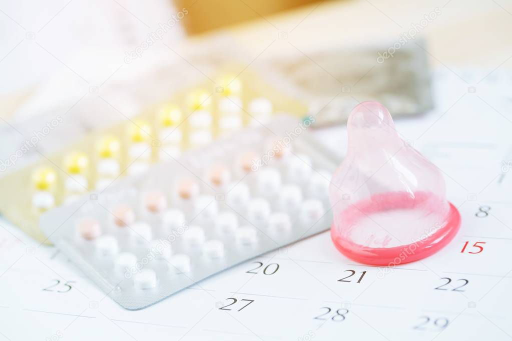 Close up shot of condoms pack on table wooden background. concept Contraception Contraceptives control the birth rate or safe prophylactic. Leave copy space empty to write text on the side.