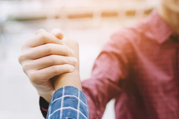 Closeup Business Man Hand Shake Two Colleagues Greet Represents Friendship — Stock Photo, Image