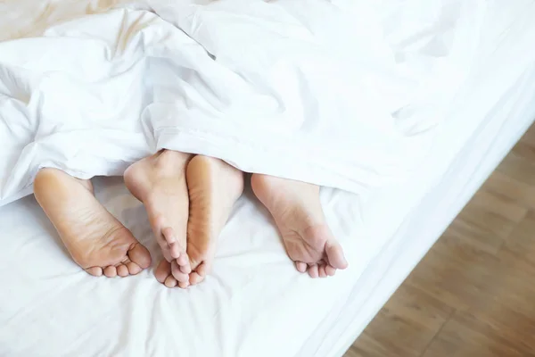 Close Legs Feet Two Lovers Couple Sleeping Side Side Embracing — Stock Photo, Image