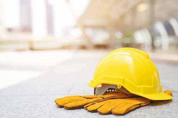 Yellow Safety Helmet Hard Hat Gloves Construction Worker Protection Project — Stock Photo, Image